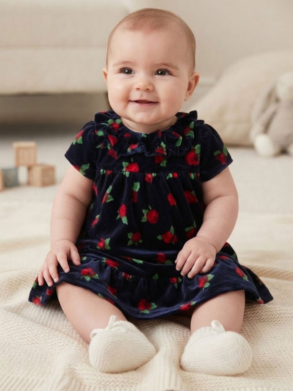 Janie And Jack Dress Baby Girls 3-6 months Navy Velvet Rose Print Holiday Ruffle